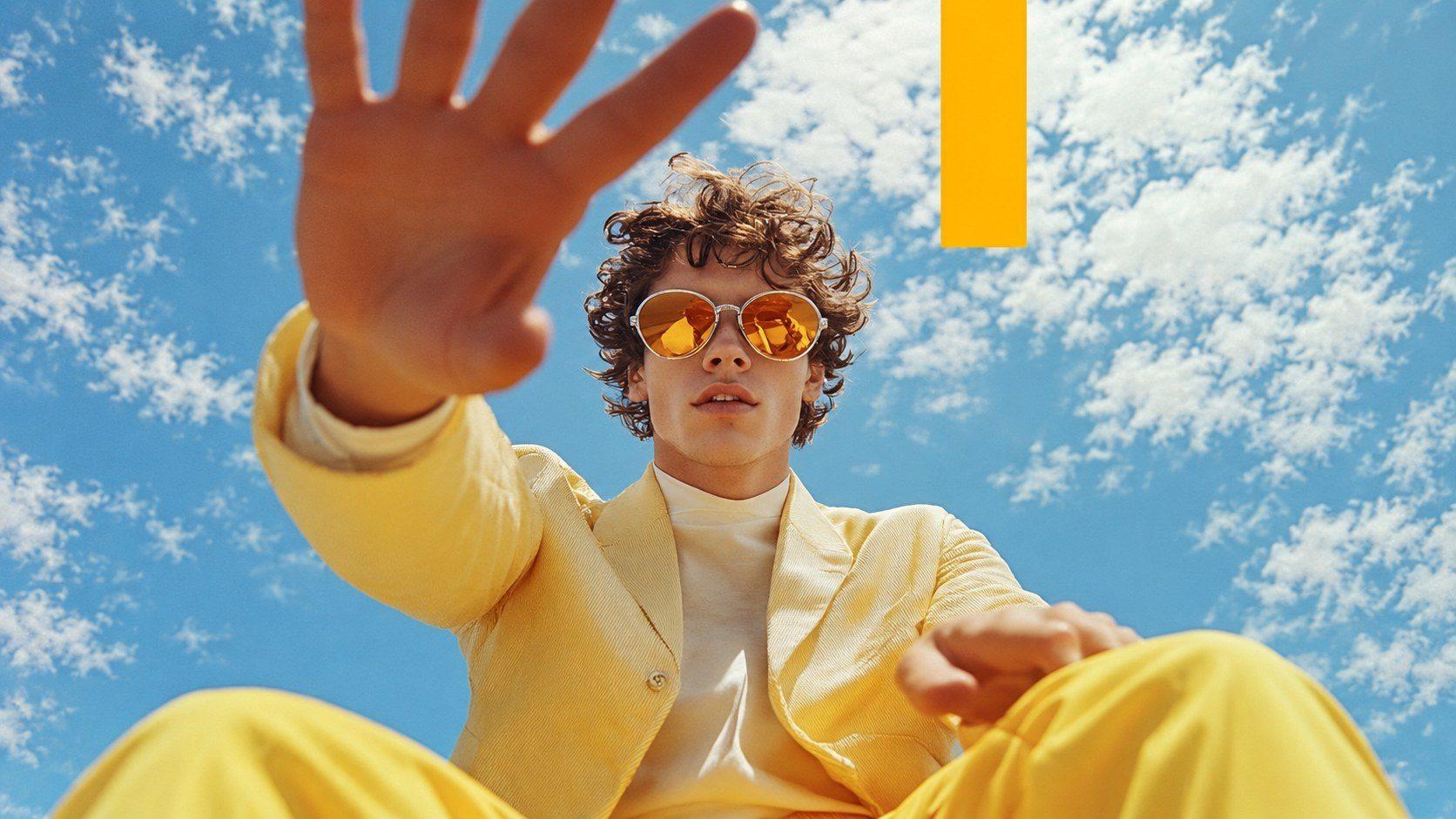 Creator in a yellow suit reaching towards the camera against a blue sky