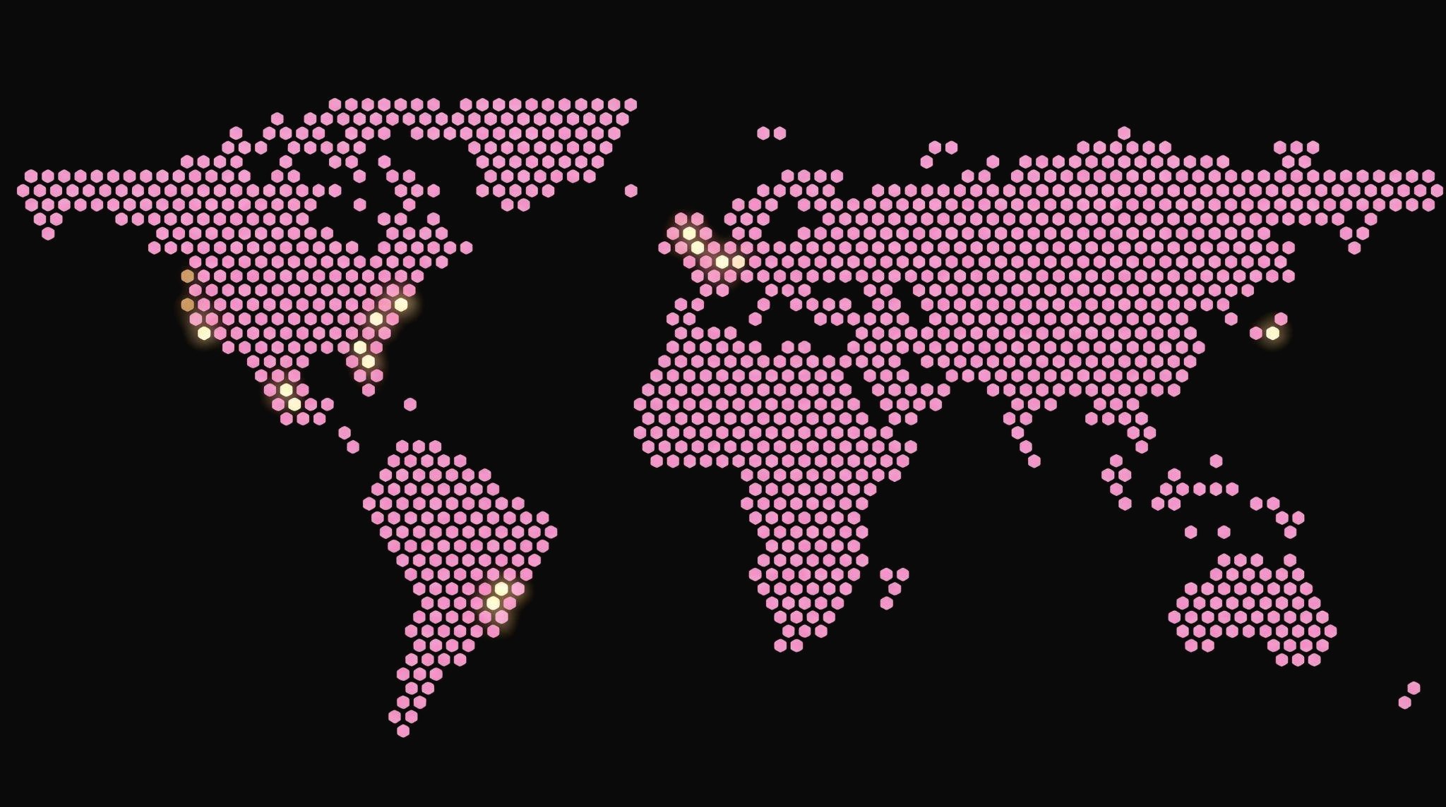 Dotted world map in Bossa pink showing TJA's network and hubs